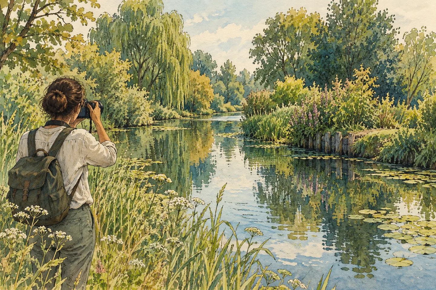 Illustration : photographe observant un paysage d’eau depuis le chemin
