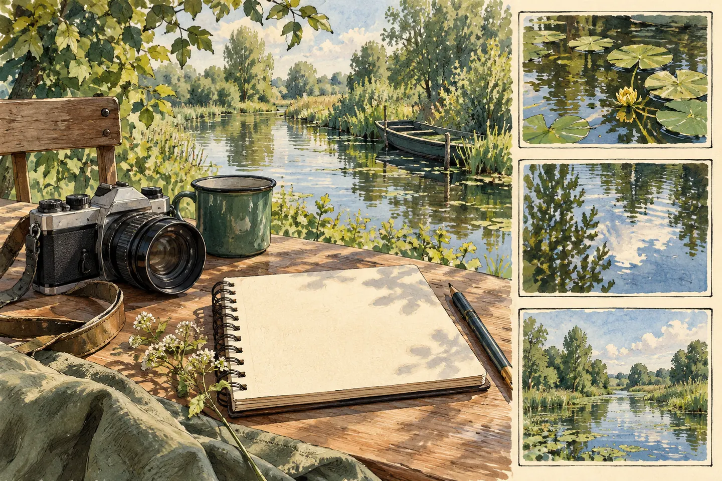 Illustration : appareil photo, carnet et trois exemples de cadrage