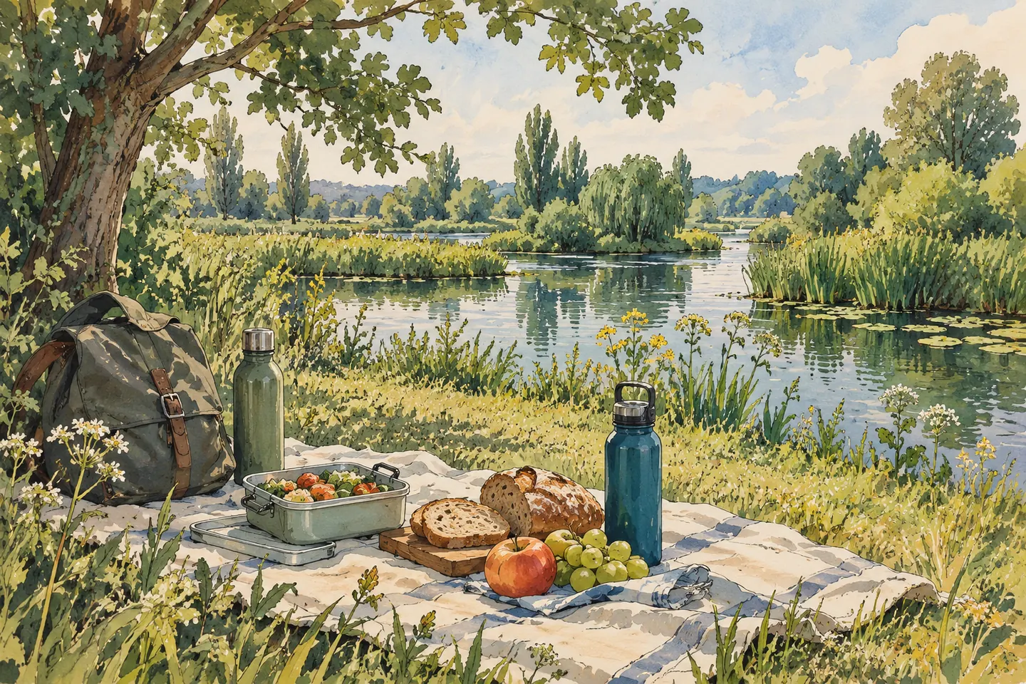Illustration : repas simple en contenants réutilisables sur une couverture