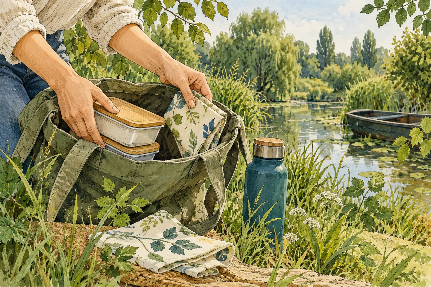 Illustration : rangement de boîtes et serviettes dans un sac après le repas