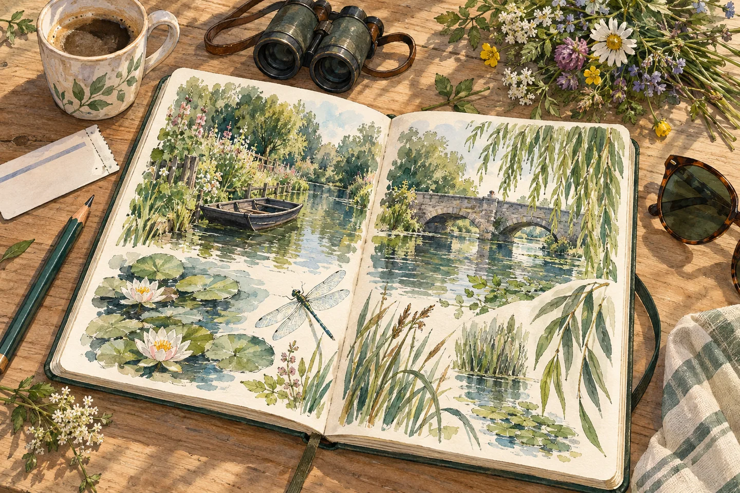 Illustration : carnet de voyage ouvert avec aquarelles de canaux et de barque, billet de train, café et jumelles