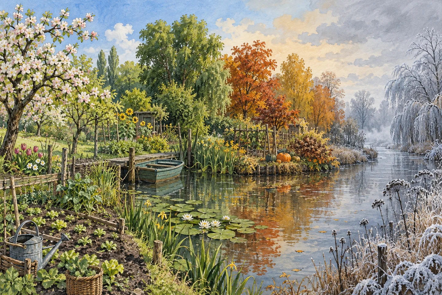 Illustration : un jardin au bord d’un canal traversant les quatre saisons, du printemps fleuri à l’hiver givré