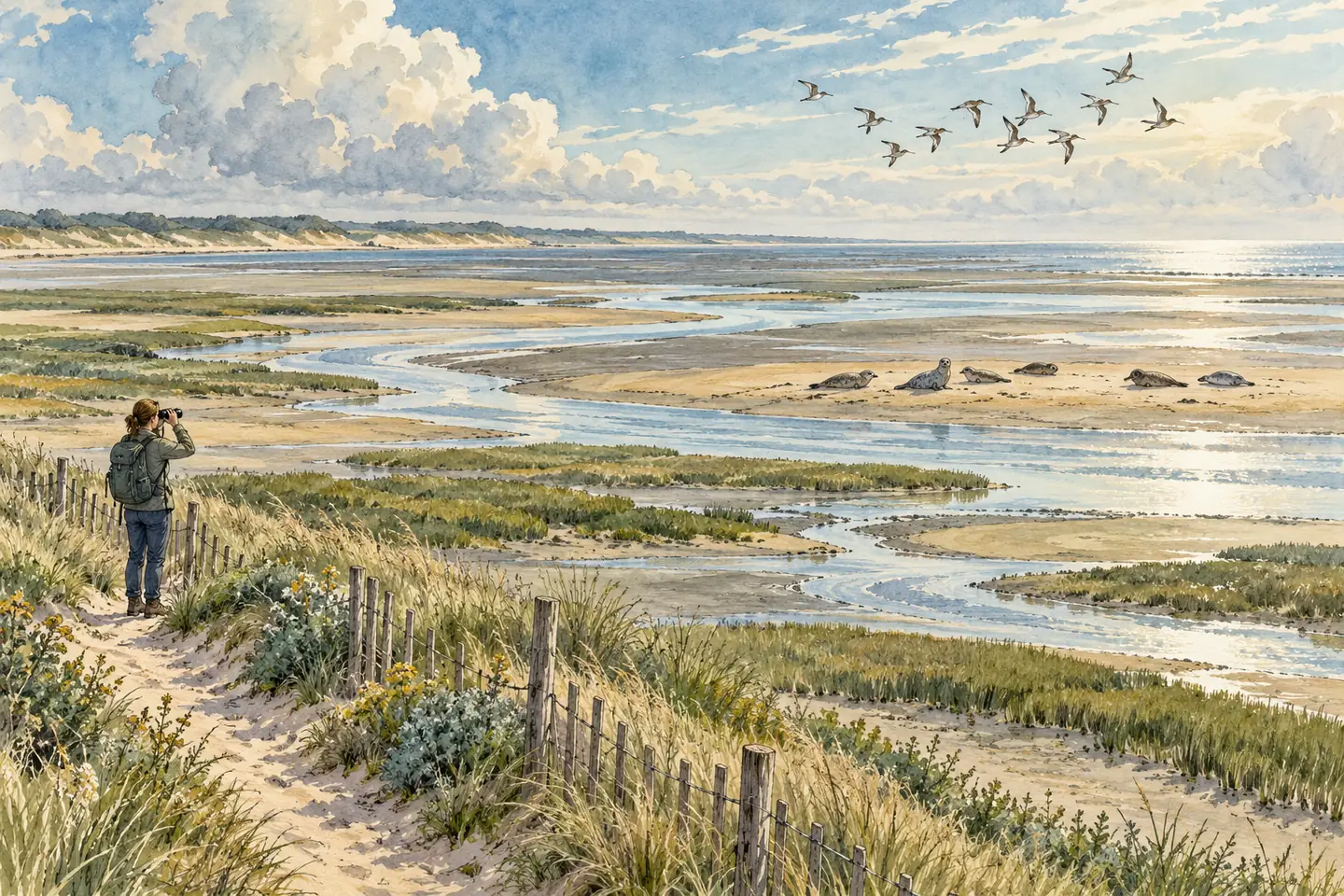 Illustration : baie à marée basse, phoques au loin sur un banc de sable, promeneur aux jumelles derrière une barrière