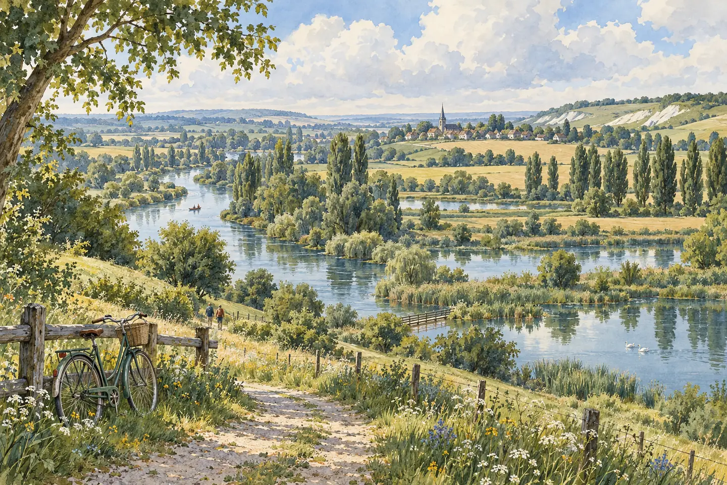 Illustration : vallée de rivière avec étangs, peupliers et petite route de campagne, vélo appuyé contre une barrière