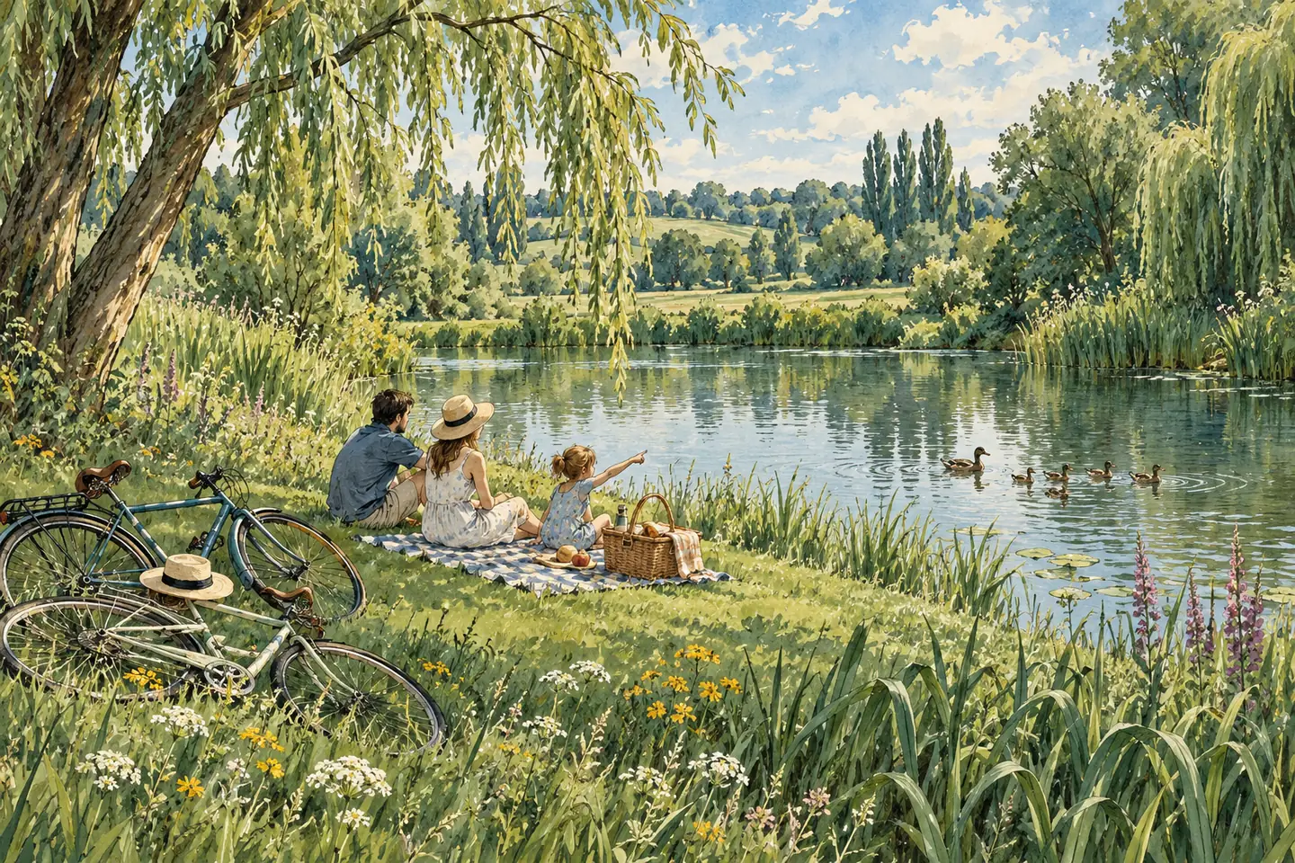 Illustration : pique-nique familial au bord d’un étang, enfant montrant des canards, vélos posés dans l’herbe