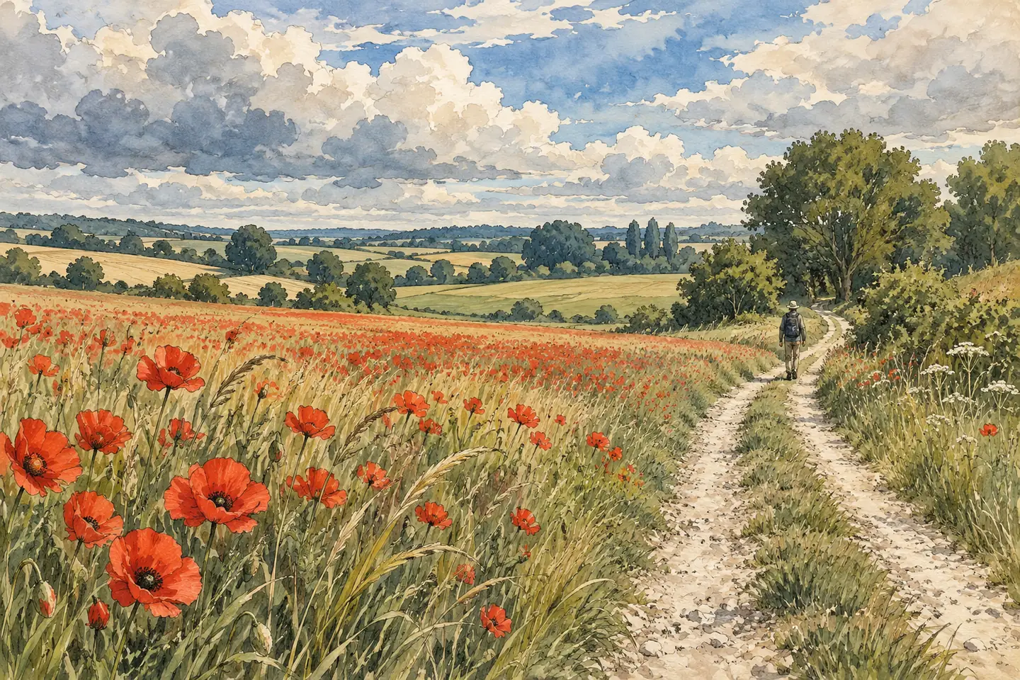 Illustration : champ de coquelicots le long d’un chemin de craie, promeneur au loin sous un grand ciel