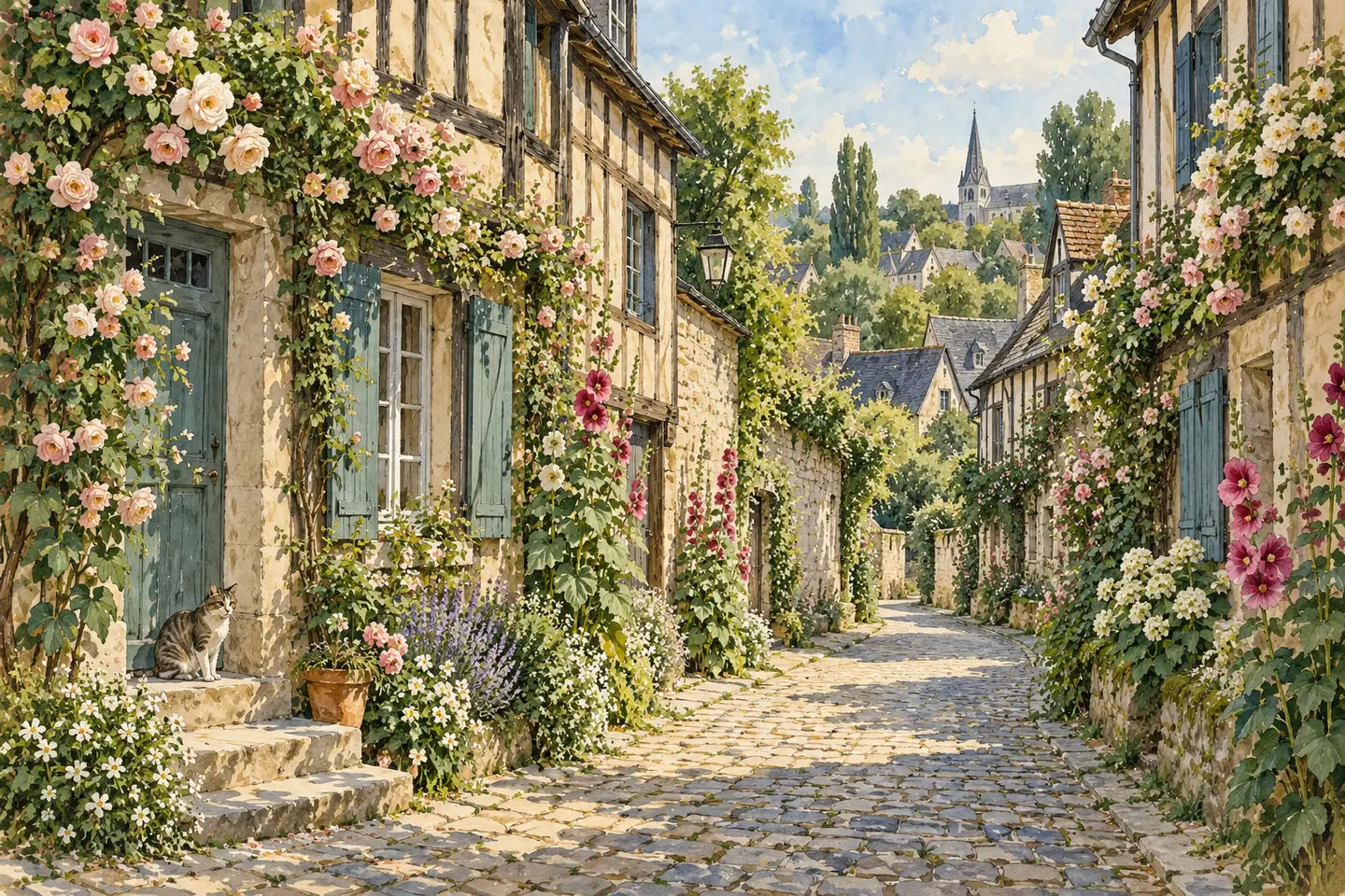 Illustration : ruelle pavée d’un village aux maisons à colombages couvertes de roses grimpantes