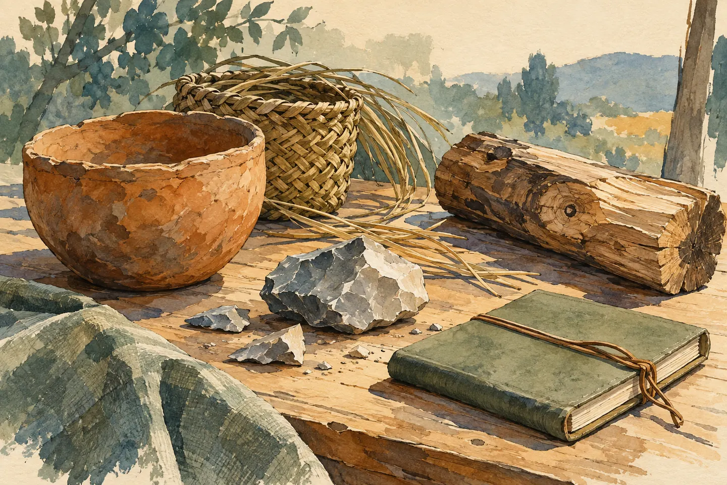 Illustration : argile, fibres tressées, pierre et bois sur une table
