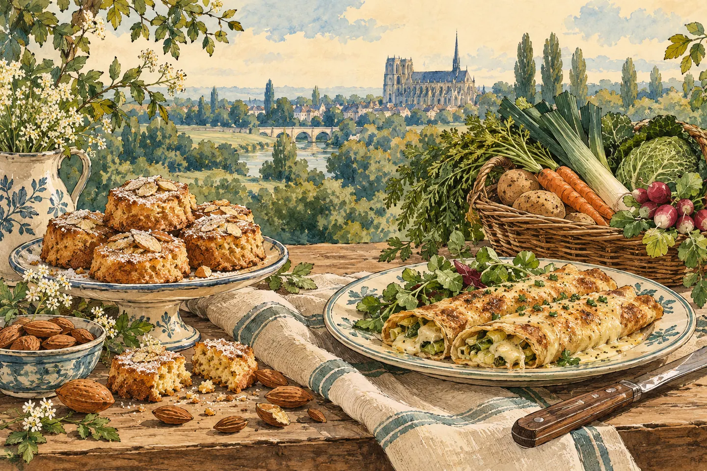 Illustration : table de dégustation évoquant crêpe salée gratinée et gâteaux aux amandes