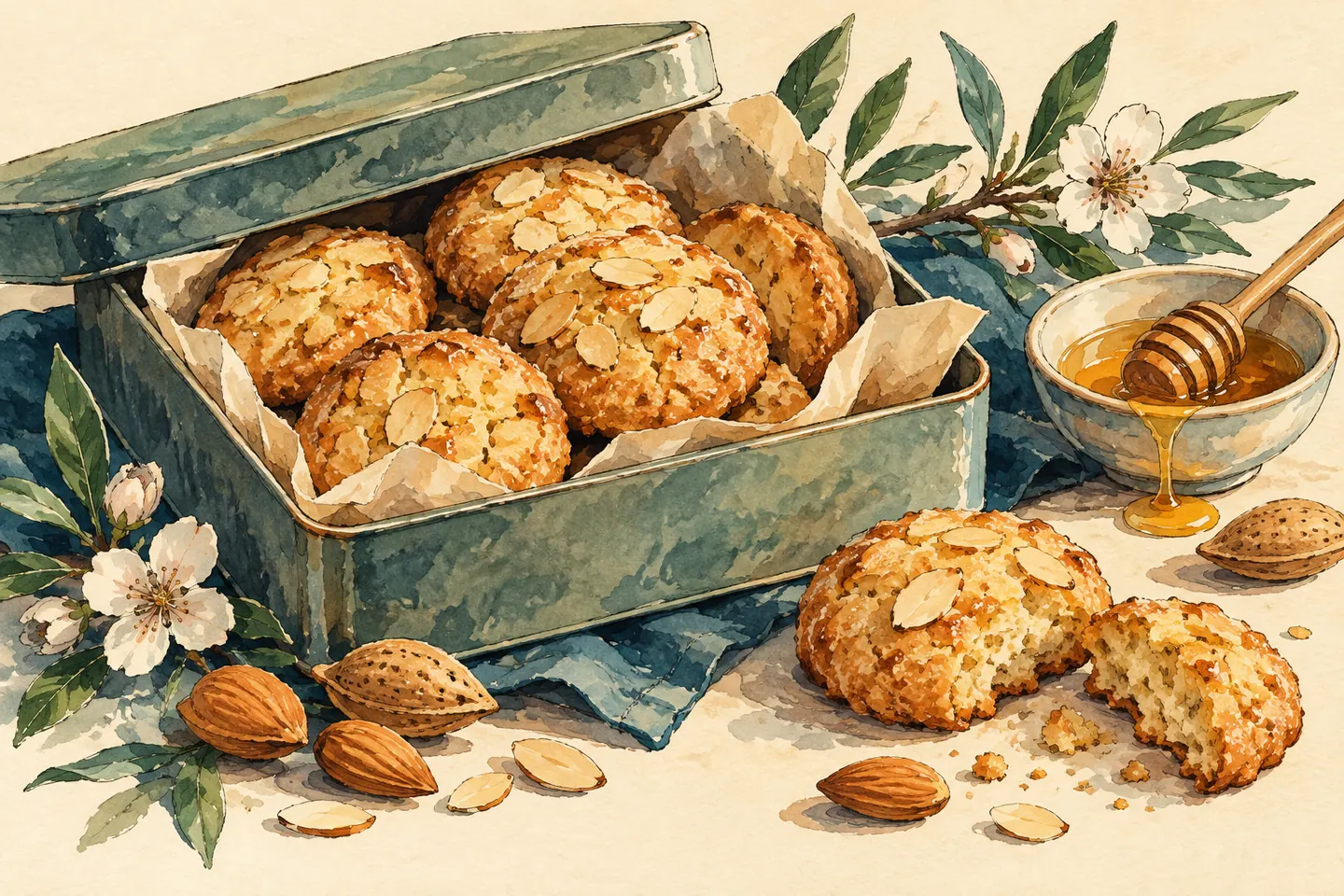 Illustration : boîte de petits gâteaux rustiques aux amandes, miel et amandes