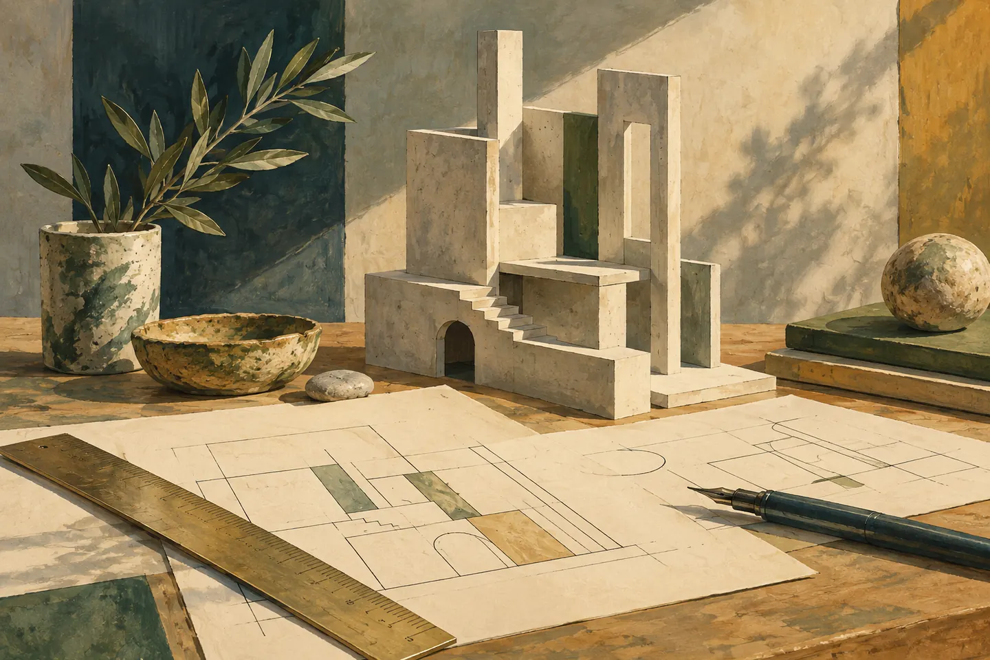 Illustration : maquette architecturale abstraite en béton et dessins géométriques