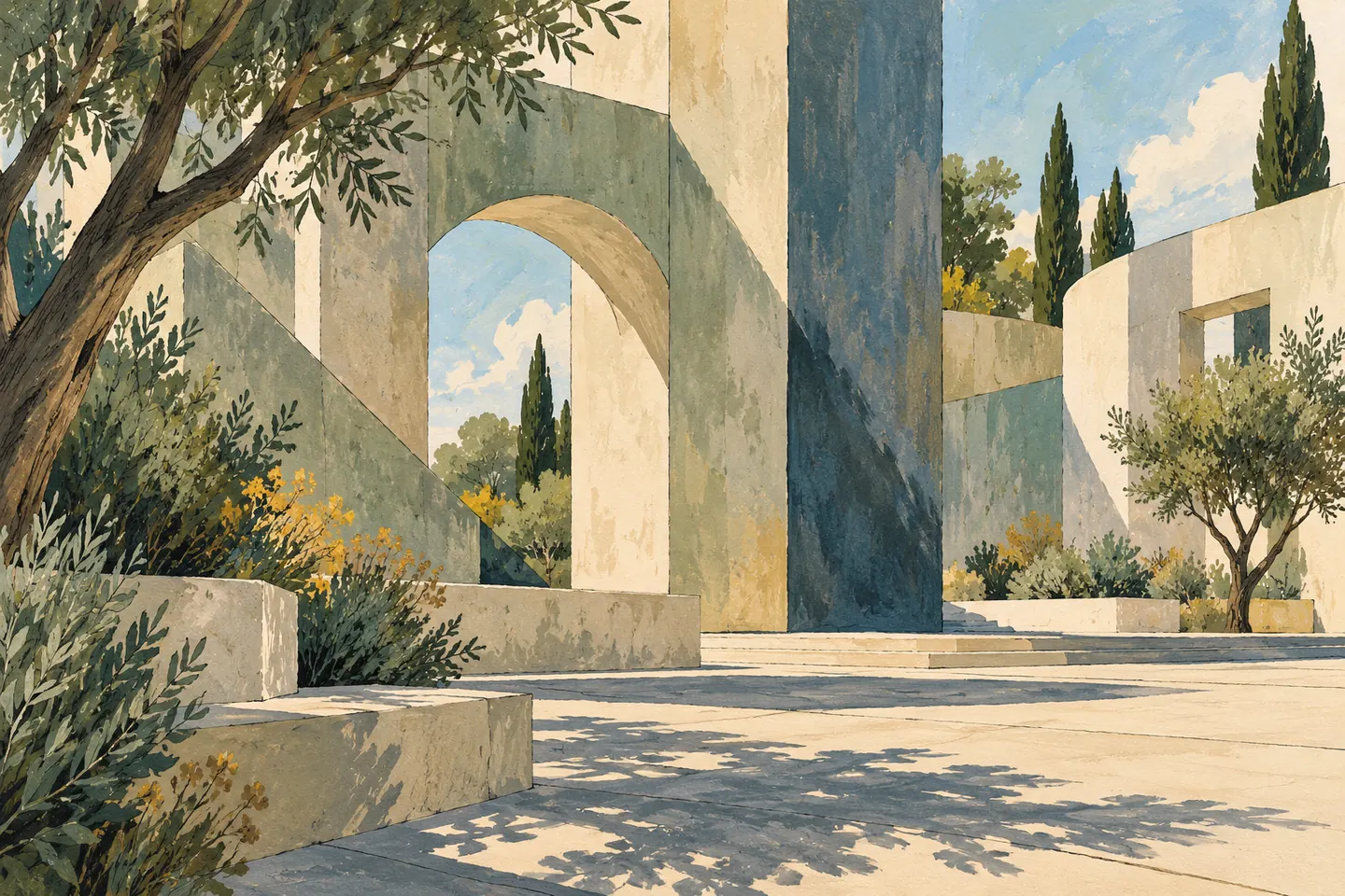 Illustration : volumes de béton imaginaires et ombres sur une place