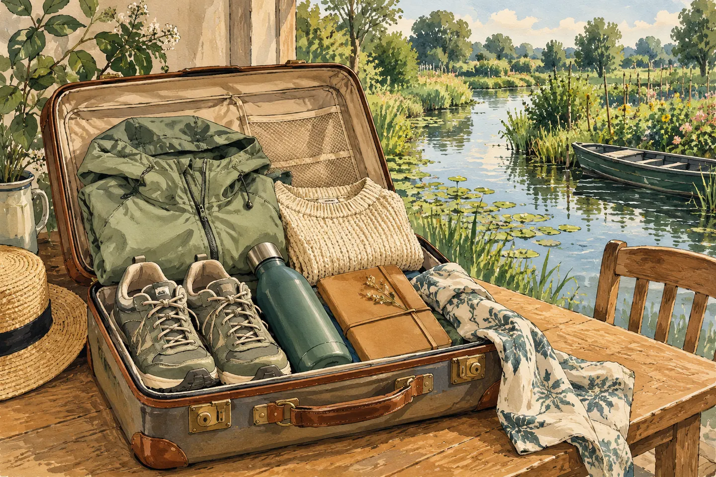 Illustration : valise ouverte avec vêtements, chaussures et gourde