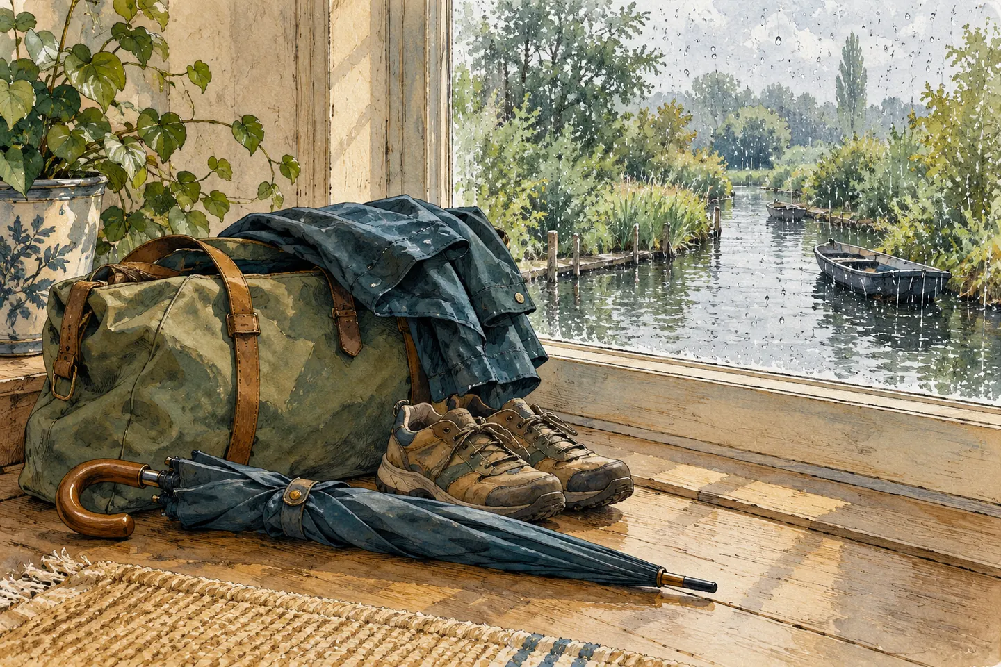 Illustration : sac, veste, chaussures et parapluie près d’une fenêtre pluvieuse