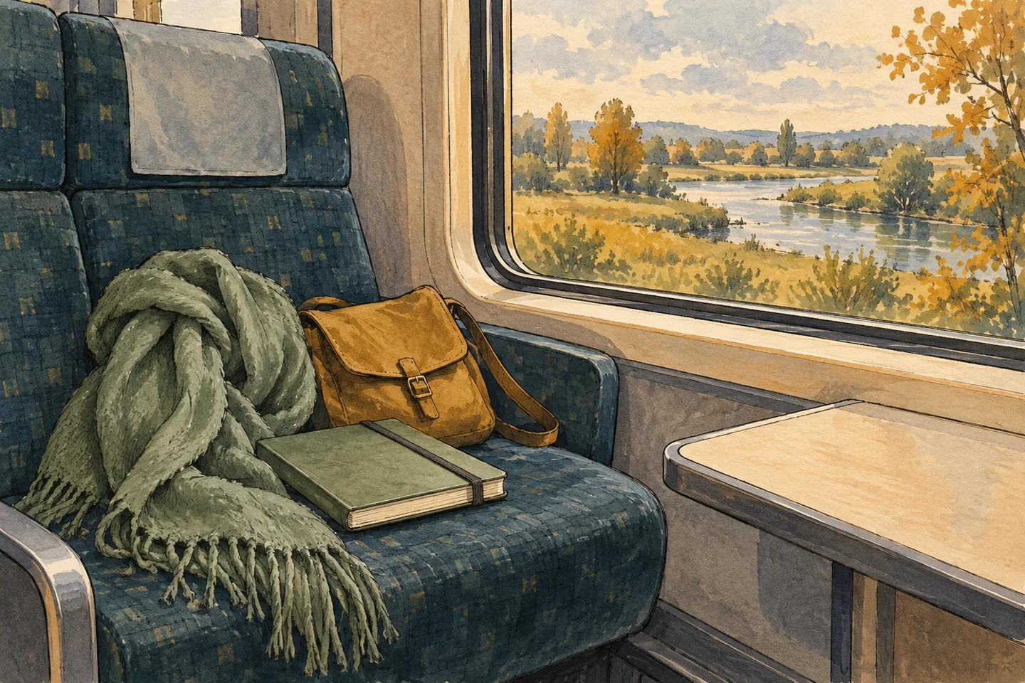 Illustration : un sac ocre et un carnet sur une banquette de train devant un paysage de rivière