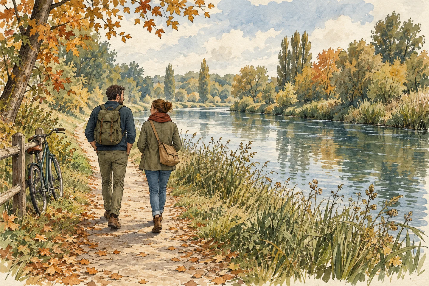 Illustration : deux promeneurs sur un chemin bordant une rivière en automne
