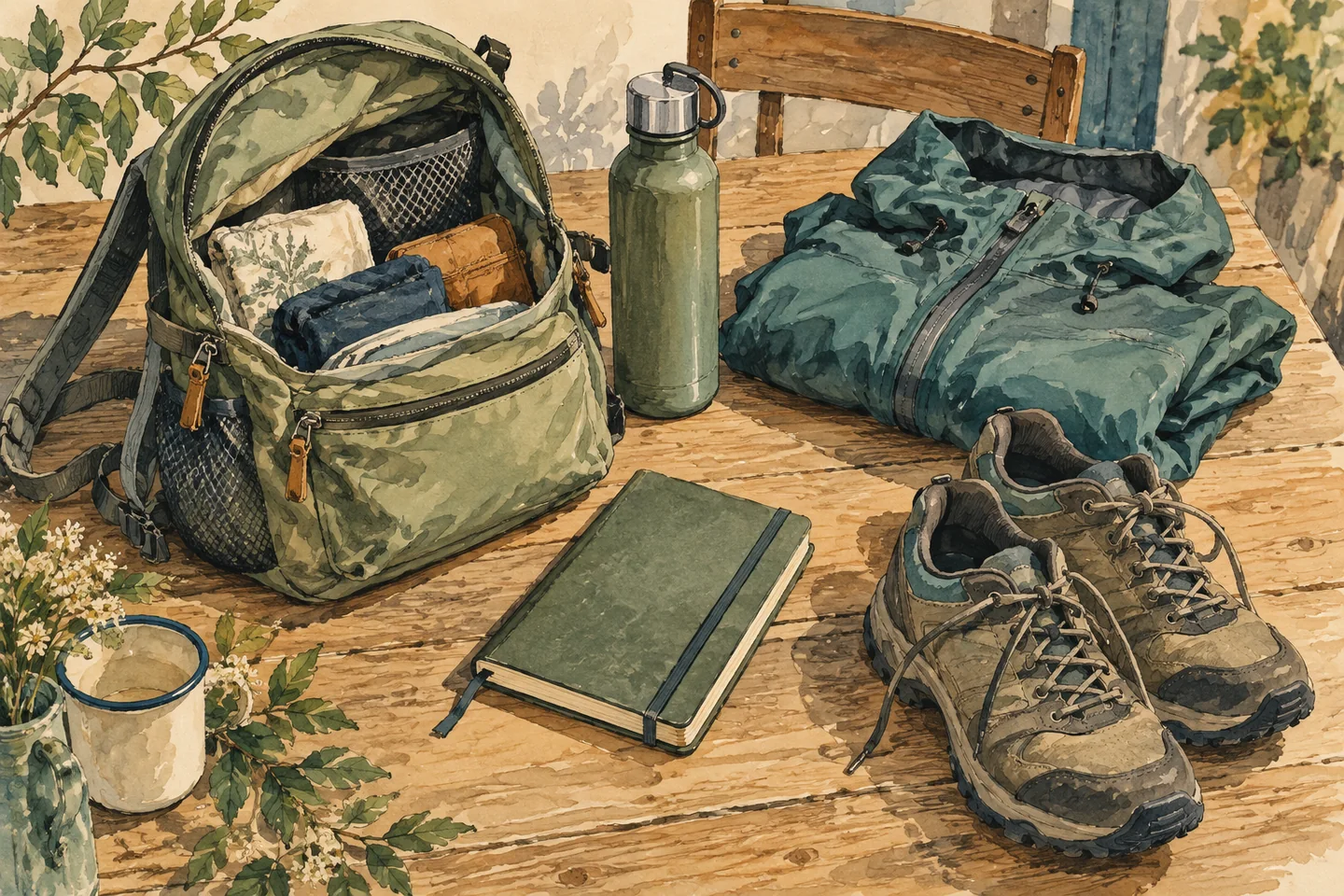 Illustration : gourde, chaussures et veste préparées pour une promenade