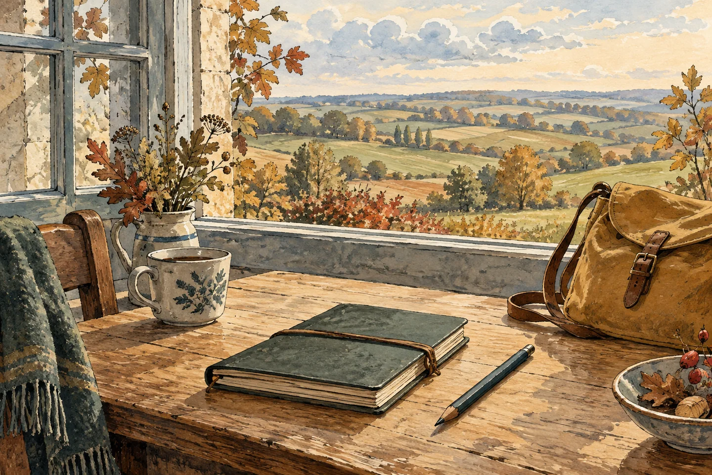 Illustration : carnet et sac de sortie devant un paysage de campagne évocateur.