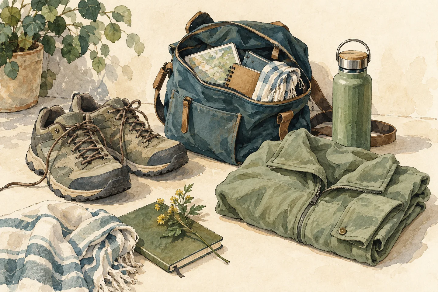 Illustration : chaussures, veste et gourde préparées pour une promenade.