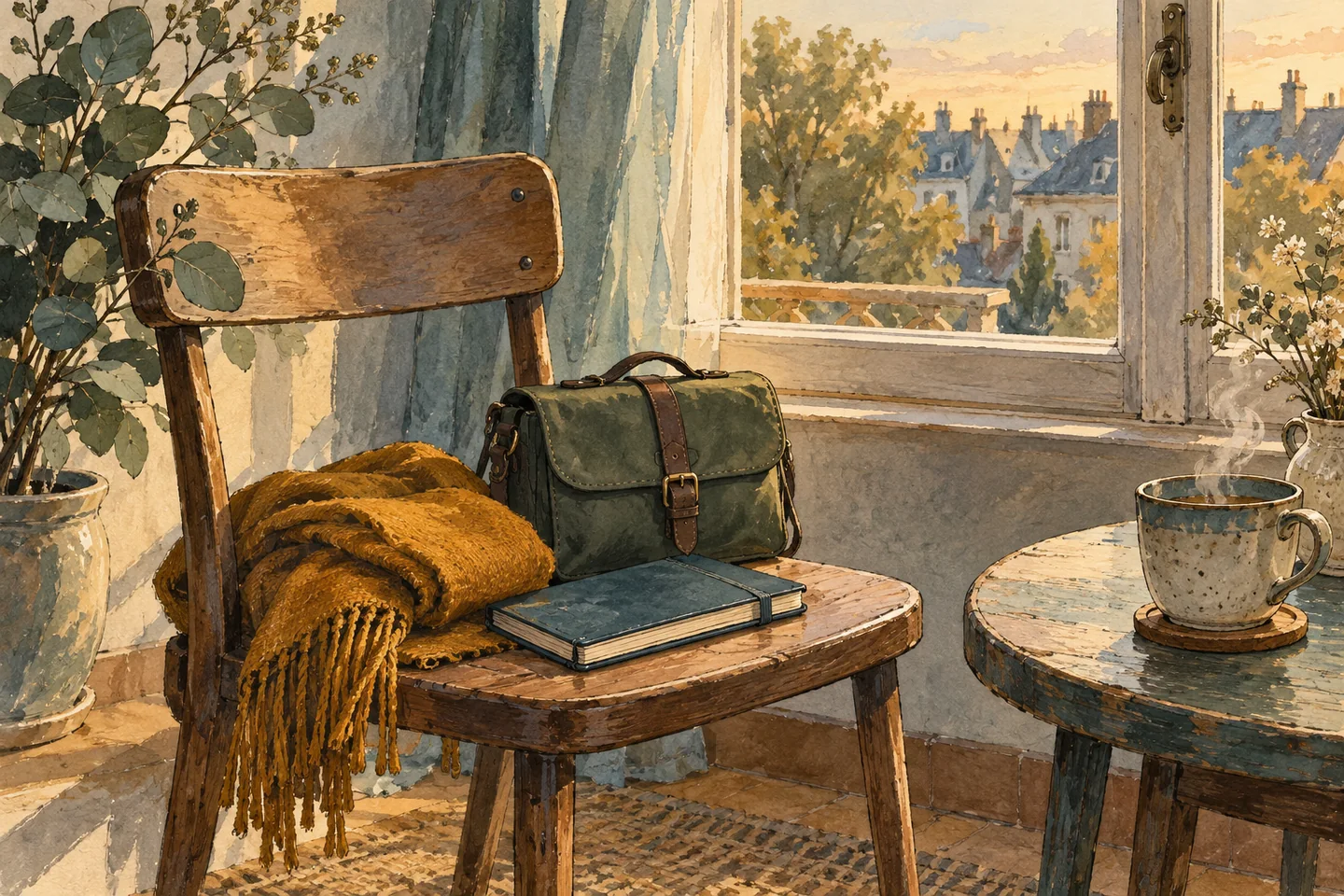 Illustration : sac, écharpe et carnet rangés à la fin d’une sortie.