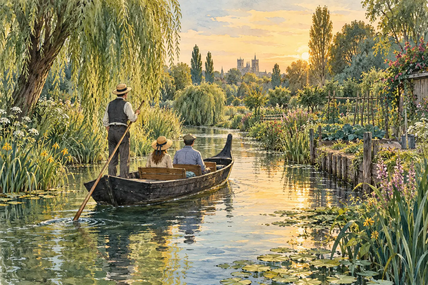 Illustration : barque traditionnelle à fond plat poussée à la perche sur un étroit canal bordé de jardins