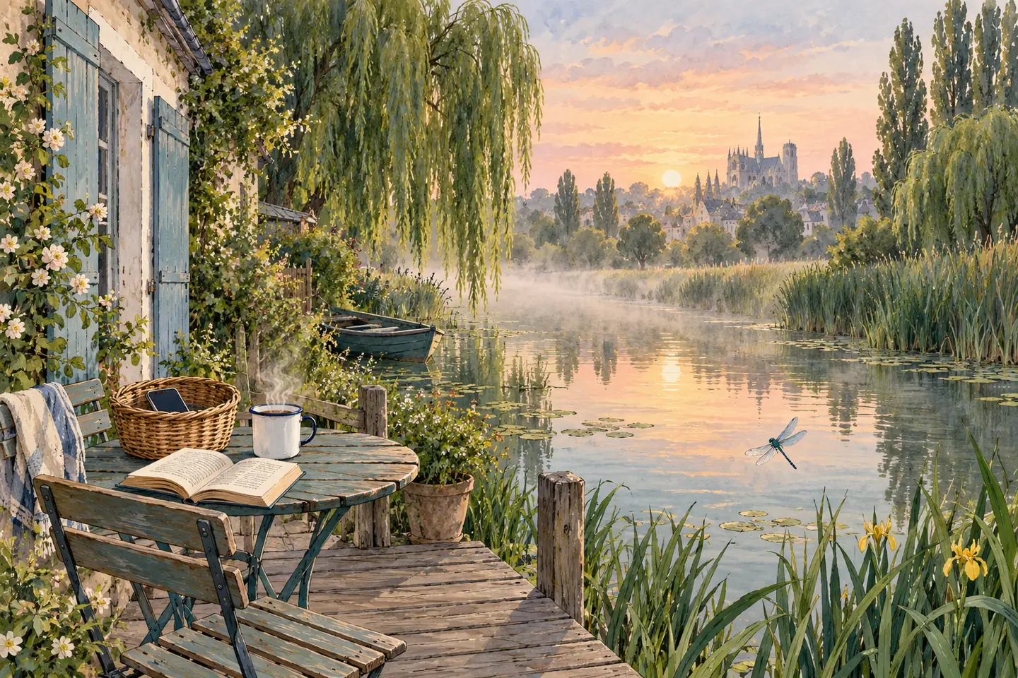Illustration : petite maison bleue au bord d’un canal à l’aube, tasse fumante et téléphone posé dans un panier en osier