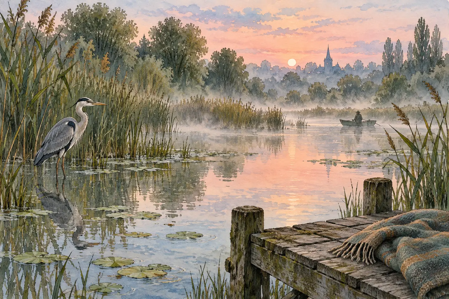 Illustration : héron cendré immobile au bord des roseaux dans la brume du matin, coin de ponton en bois au premier plan