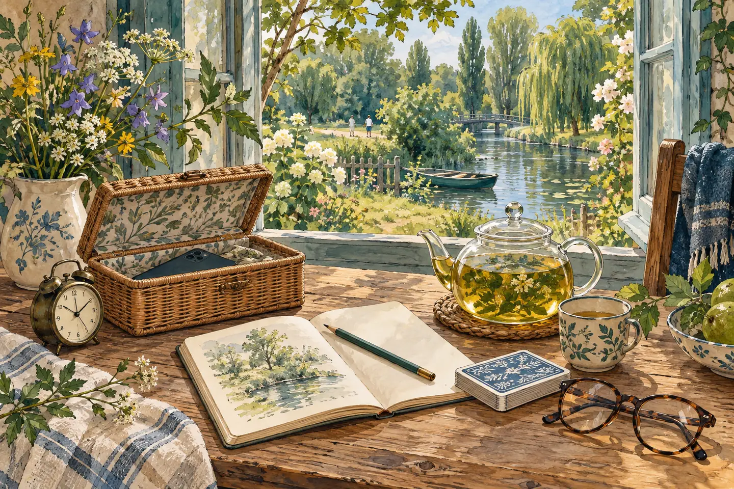 Illustration : boîte en osier ouverte contenant un téléphone, réveil analogique, carnet, cartes à jouer et théière sur une table près d’une fenêtre