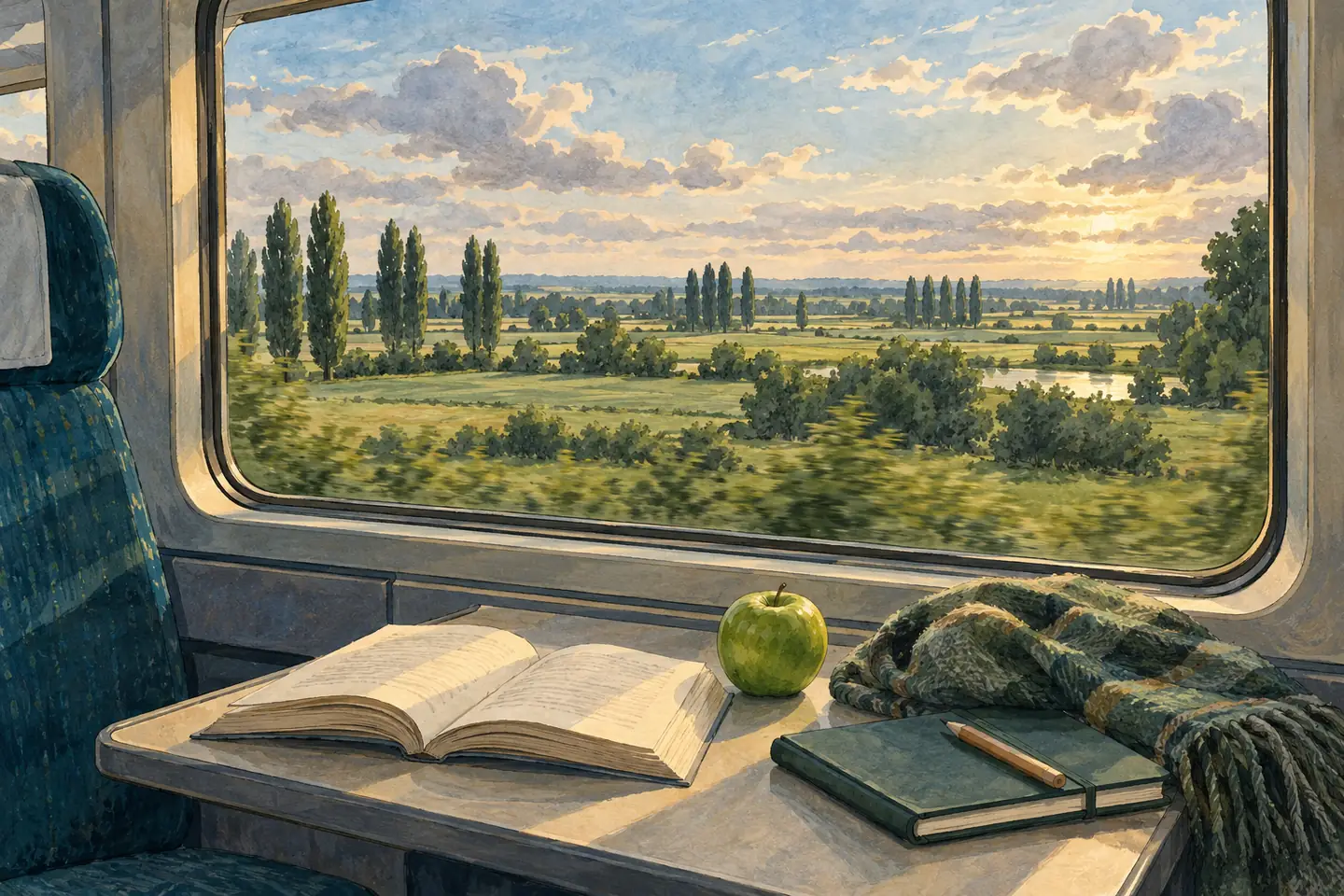 Illustration : vue depuis un siège de train régional sur des champs et des peupliers, livre ouvert et pomme sur la tablette