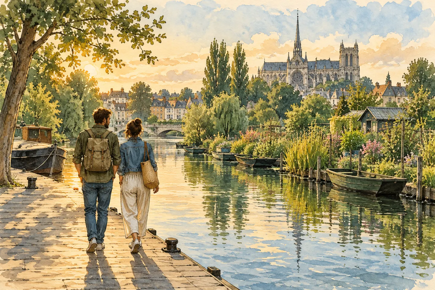 Illustration : couple marchant côte à côte dans un paysage urbain d’eau imaginaire