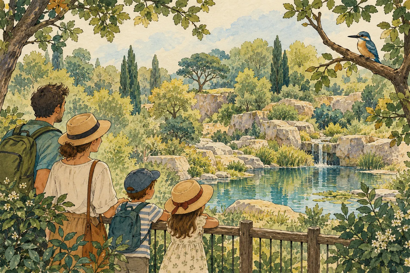 Illustration : famille observant un paysage arboré depuis une barrière