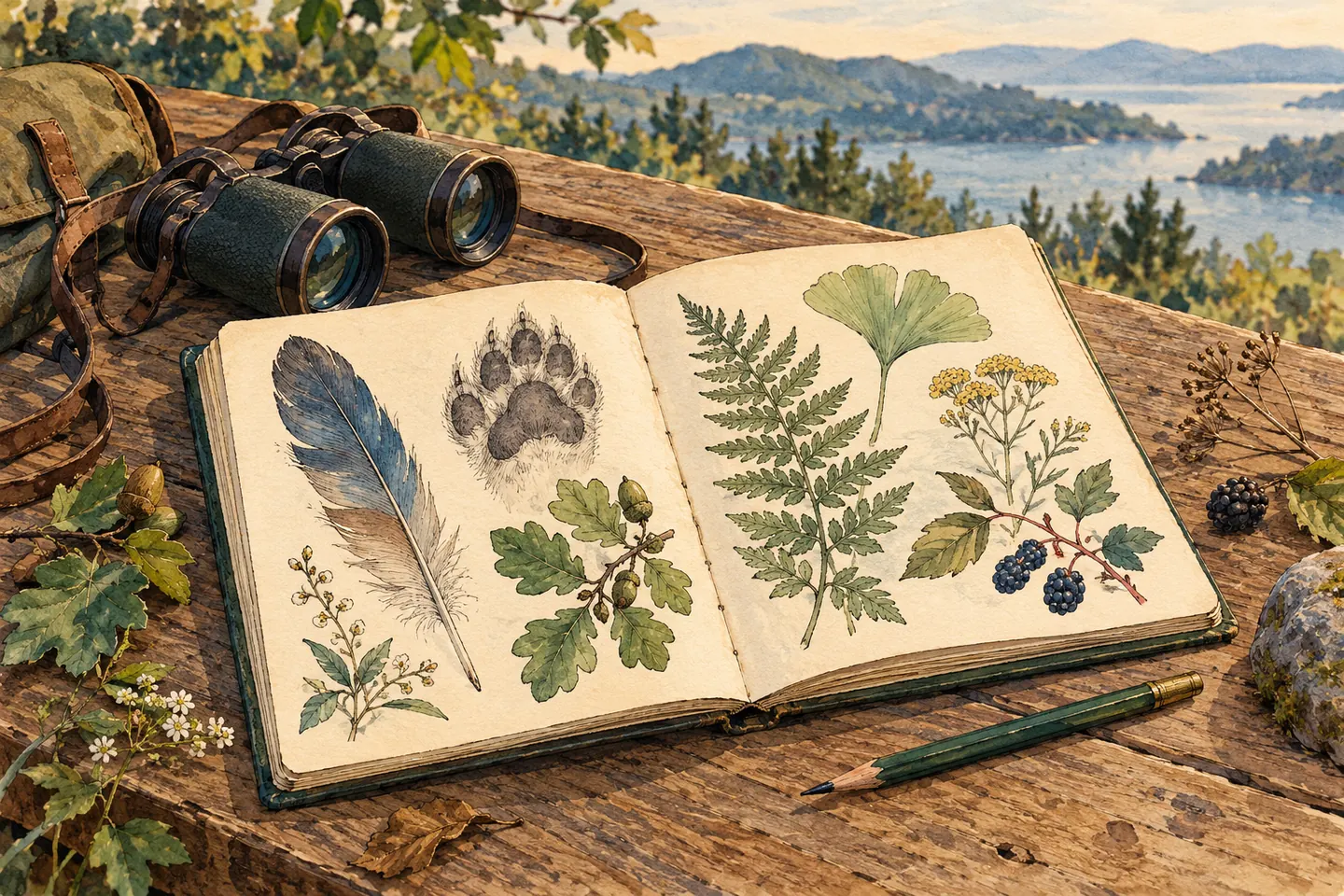 Illustration : carnet naturaliste avec plume, empreinte, feuilles et jumelles